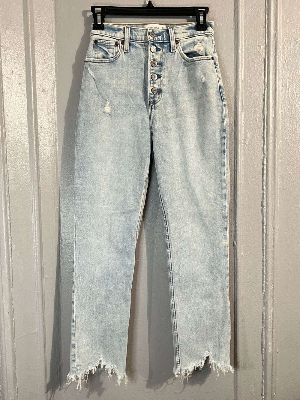 Abercrombie Curve Love Ultra High Rise Light Wash Jeans with Distressed Hem